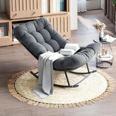 Imagem de IRONCK Cadeira de balanço para ambientes externos, cadeira de balanço Papasan com almofada, cadeira de balanço moderna de vime, sala de estar confortável para sala de estar, jardim, varanda e varanda