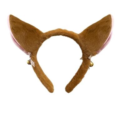 Imagem de Kafolix Brown Fox Ears Headband with Bells – Fuzzy Plush Animal Costume Accessory with Pink Inner Ears and Gingham Bows for Halloween, Cosplay, School Plays, and Dress-Up Events