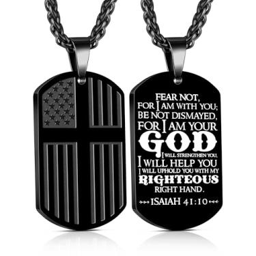 Imagem de Yanxyad Cruz etiqueta de cão bandeira americana versículo bíblia colar de aço inoxidável corrente pingente militar joias religiosas presentes para homens adolescentes 55 + 5 centímetros, Medium, Aço