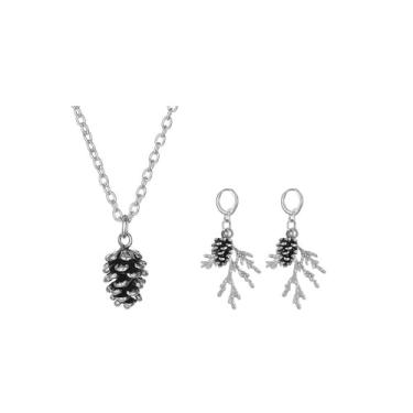 Imagem de Colar de brincos com pingente de pinho outono vintage 3D pinhas bolota folha de pinheiro conjunto de joias para mulheres outono dia de ação de graças inverno natal férias amantes da natureza joias