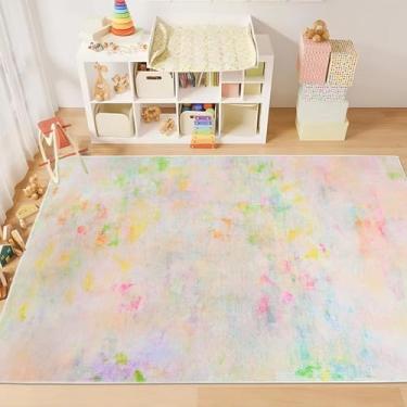 Imagem de Lacomfy Tapete de área infantil pastel 1,5 x 1,6 m - Tapete rosa para quarto de meninas, quarto de crianças, tapete macio antiderrapante para brincar, multicolorido, lavável, moderno, abstrato