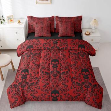 Imagem de Jogo de cama Queen Damasco gótico antigo vitoriano em uma bolsa, 7 peças, vermelho e preto, conjunto de lençol vintage barroco, floral, gótico, esqueleto de osso exótico, decoração boêmia