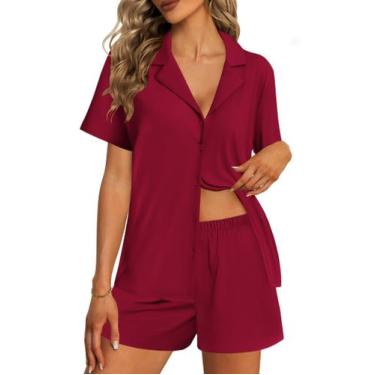 Imagem de Conjunto de pijama feminino Ekouaer de algodão, manga curta, vinho tin