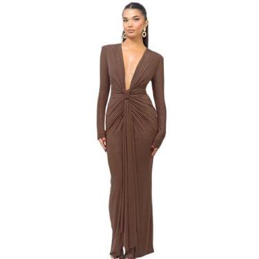 Imagem de Vestido maxi feminino UEHCNFU com decote em V profundo, franzido, cáqu