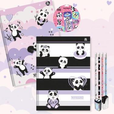 Imagem de Caderno Brochura Capa Dura Grande Panda Ursinho 2un 80 fls + Kit Escol