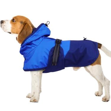 Imagem de BRKURLEG Capa de chuva ajustável para cães com capuz jaqueta impermeável à prova de chuva com furo para coleira poncho para animais de estimação capa de chuva com faixa refletiva, azul, GG