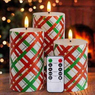 Imagem de Yongmao Velas de Natal LED sem chama, velas de cera real listradas verdes vermelhas com temporizador, conjunto de 3 pilares operados por bateria para decoração de festa de Natal em casa (D7 x H4 12,7