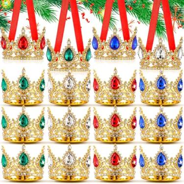 Imagem de Chunful 12 peças, coroa de ouro 3D, ornamentos de Natal coloridos com strass de metal, coroa, enfeites de lembrança de cristal com fita vermelha para árvore de Natal, mulheres, mães, irmãs, amigas
