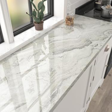 Imagem de Papel de parede de mármore bege/prata para banheiro cozinha Backsplash papel de contato de mármore brilhante para bancadas papel de parede de granito adesivo de bancada para decoração de forro de