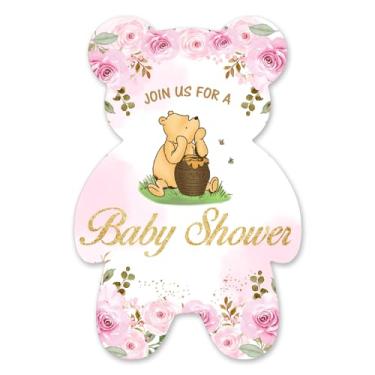 Imagem de brayqu Convites para chá de bebê Ursinho Pooh Rosa Floral Pooh Festa Chá de Bebê Convites de Preenchimento (20 Convites com Envelopes)