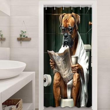Imagem de JAWO Cortina de chuveiro engraçada para banheiro, cortina de chuveiro de cachorro engraçada, cachorros fofos lendo jornal no vaso sanitário, pano lavável, conjunto de cortina de chuveiro infantil com