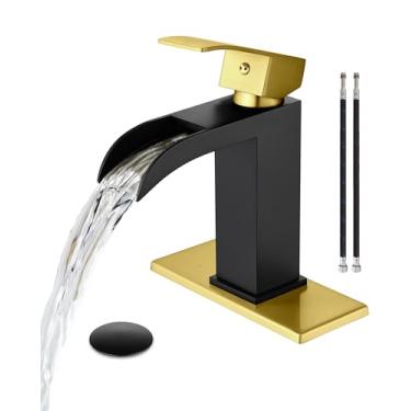 Imagem de Midanya Torneira de banheiro em cascata, torneira de pia de banheiro de alça única para pia de 3 ou 10 cm, torneiras de aço inoxidável com placa de deck e ralo pop-up, ouro escovado e preto fosco
