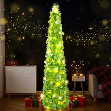 Imagem de Árvore de Natal pop-up, lápis artificial de 1,5 m, árvore de Natal com 16,4 m, decoração de árvore de tinsel verde dobrável para decoração de Natal e escritório em casa