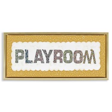 Imagem de Stupell Industries Arte de parede em tela flutuante emoldurada dourada para sala de jogos com borda amarela, design de Jennifer Stith, 28 x 63 cm