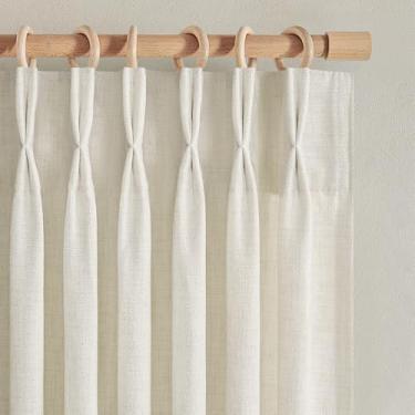 Imagem de Cortinas de linho plissadas com 203 cm de comprimento, conjunto de 2 painéis para sala de estar, cortina de quarto rústica, creme, bege, viral, transparente, filtro de luz, privacidade, cortinas