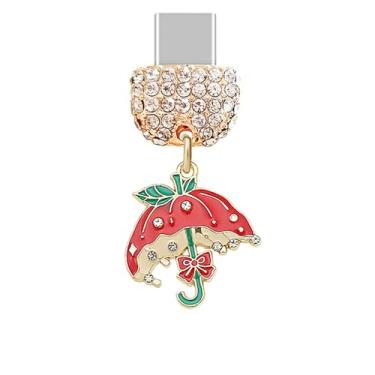Imagem de ELISE & FONDA TP880 Tipo-C porta de carregamento cristal antipoeira pequeno guarda-chuva com pingente de celular para iPhone 15/16/Samsung/OnePlus/Xiaomi/oppo telefones Android (vermelho)