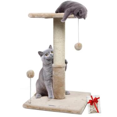 Imagem de Happi N Pets Poste arranhador de gato de 66 cm com poleiro, arranhadores de sisal natural para gatos em ambientes internos, com bolas penduradas e cama aconchegante para gatos, postes de arranhar para gatos estáveis - bege