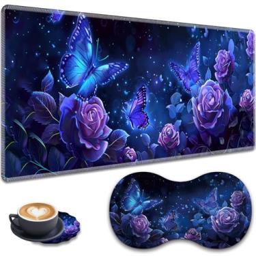 Imagem de Mouse pad grande para jogos + descanso de pulso + porta-copos de renda, conjunto antiderrapante, com bordas costuradas e tapete de mesa expansível à prova d'água, adequado para escritório/casa, rosas