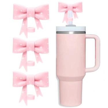 Imagem de HIUSITY Cobertura de canudo com laço rosa com glitter para copo Stanley, tampas de canudo de silicone para copo com alça de 1,134 g, tampa de canudos fofos de 10 mm/0,4 pol, tampa de canudos