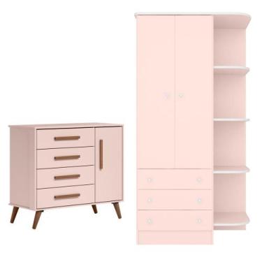 Imagem de Quarto Infantil Guarda Roupa e Cômoda Sapateira Retrô Rosa - Qmovi
