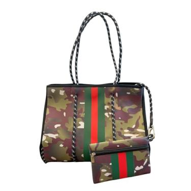 Imagem de Crafters Cup Bolsa de neoprene camuflada | Bolsa de praia, bolsa de ginástica, carteira combinando incluída verde com listras rosa e laranja, verde escuro, verde claro, rosa escuro, rosa claro, preto,