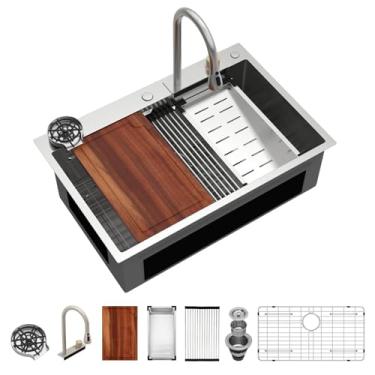 Imagem de Logmey Pia de cozinha com cascata de 83 cm, pias inteligentes de 33 x 48 x 23 cm, pia de cozinha com torneira de aço inoxidável, calibre 16, pias de montagem superior de tigela única