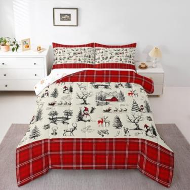 Imagem de Conjunto de cama casal Merry Christmas, fofo boneco de neve, vermelho pinheiro, xadrez, reversível, respirável, conjunto de edredom de poliéster, rústico com desenho de celeiro de fazenda, 2 fronhas