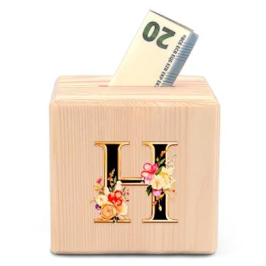 Imagem de BJDAMAI Cofrinho de madeira, cofrinho, cofre, moeda, festa, viagem, fim de semana, escritório, casa, aniversário, amizade, presentes essenciais (letra H)