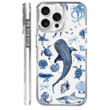 Imagem de Goodsprout Capa para iPhone 15 Pro, compatível com MagSafe. O silicone TPU transparente protege a capa de telefone de quedas, escorregões e impressões digitais. Colagem de tartaruga de tubarão baleia