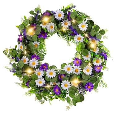 Imagem de Cabilock Guirlanda de Natal pré-iluminada com luzes, guirlanda de flor de lavanda artificial, decoração de porta floral de LED, decorações de Natal para parede, janela, festa de fazenda, feriado