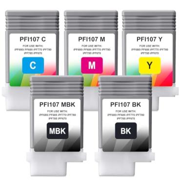Imagem de Yongairuink Conjunto de tanque de tinta colorida PFI-107 130 ml (pacote com 5, preto fosco, preto, ciano, magenta, amarelo) PFI-107MBK PFI-107BK PFI107C PFI107M PFI107Y Substituição para impressora