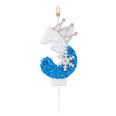 Imagem de Velas de aniversário com tema de neve, velas de aniversário de gelo branco e azul, velas com número de floco de neve, decoração de bolo de casamento de aniversário para crianças e adultos (número 3)