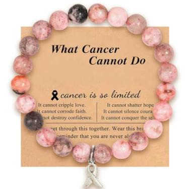 Imagem de Nexoluxa Pulseiras femininas de conscientização do câncer de mama com contas de pedra natural com cartão de incentivo elástico rosa joias suporte presentes, Adjustable, Pedra, Sem Pedra Preciosa