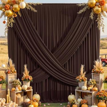 Imagem de Cortina de fundo marrom sem vincos de 5 × 3 m para festas de casamento, 4 painéis de 1,5 x 3 m de comprimento, cortinas de pano de fundo de poliéster sedoso macio para fotos de café para fotos de