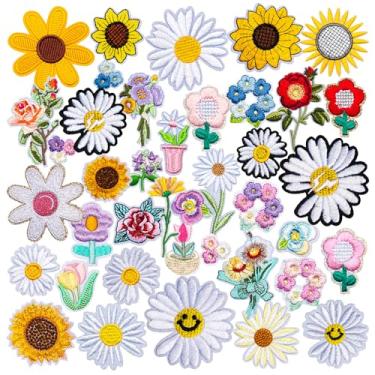 Imagem de Conjunto de 40 peças de flores bordadas a ferro no remendo, margarida de girassóis, conjunto de remendos costurados, apliques de decoração ou reparo para roupas, chapéu, jeans, vestido, saia, sapatos