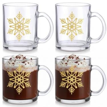 Imagem de Suclain 4 peças de caneca de vidro de floco de neve de inverno com alça 340 g canecas de café de vidro de Natal para bebidas quentes e frias, xícaras de café de floco de neve douradas para chá de