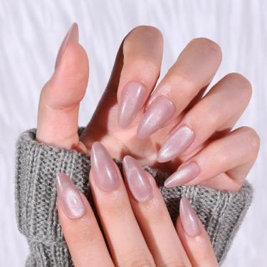 Imagem de 30 peças de unhas de pressão de amêndoas médias com ponta francesa com purpurina, cobertura completa, cola em bastão de unha para mulheres (nº 04 rosa nude)