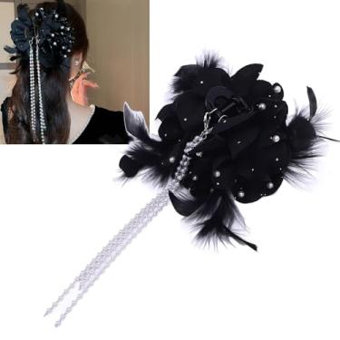 Imagem de FashionBlack Flower Chain Bow Hair Claw Clip, prendedor de laço de cabelo, grampo de rabo de cavalo floral com borla de pérola sintética para mulheres e meninas