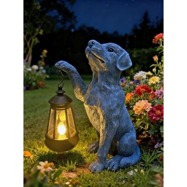 Imagem de YODY ODY Estátuas de jardim decoração de jardim ao ar livre: estátua de cachorro com lanterna solar para jardim arte ornamentos de gramado varanda pátio varanda casa casa - presentes de aniversário