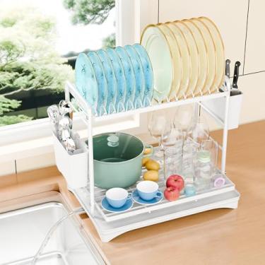 Imagem de Simple Trending Escorredor de louça para balcão de cozinha, organizadores de cozinha de grande capacidade de 2 níveis e rack de armazenamento com suporte de talheres, branco
