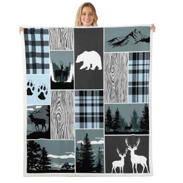 Imagem de Cobertor de cama de pelúcia xadrez para cabana de urso, cobertor rústico de lã de campista tamanho de arremesso, cobertor de flanela de cervo de caça azul cinza na floresta para crianças, meninos