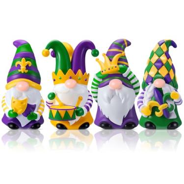 Imagem de ShinyRelief 4 peças estatuetas de carnaval resina gnomo mesa verde amarelo roxo escultura máscara flor de lis mesa centro de mesa para baile de máscaras, sala de jantar, decoração de festa em casa