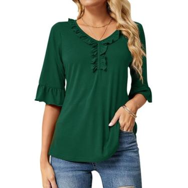 Imagem de Camiseta feminina Ivicoer com decote em V, babados, meio sino, mangas 