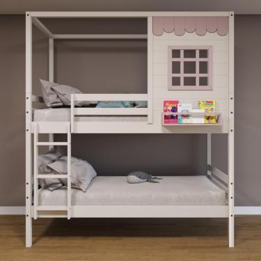 Imagem de Beliche Casinha Reta Madeira Maciça Branco/ Rosa Housin