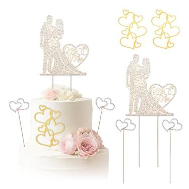 Imagem de SNOMEL 5 peças de enfeite de casamento Sr. e Sra. para bolo, decoração de bolo de casamento com strass para noivas e noivos, formato de coração de cristal de metal para chá de panela, festa de