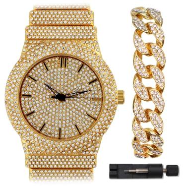 Imagem de ICEDTAG Pulseira de diamante totalmente gelada de 46 mm, mostrador redondo, banhado a ouro, relógio de declaração de luxo, conjunto de pulseiras de cristal cubano, Conjunto dourado (relógio + pulseira