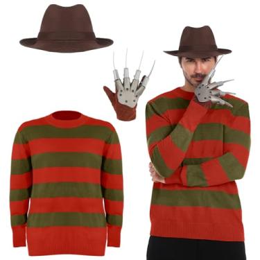 Imagem de WATCPNO Fantasia masculina de Halloween Freddy suéter tricotado com chapéu marrom e conjunto de luva de couro (GG)