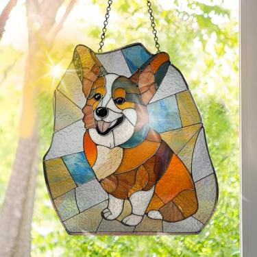 Imagem de Apanhador solar de acrílico colorido, decoração de janela suspensa para cães com design de vitral impresso, apanhador de sol, arte de parede de arco-íris, ornamentos de Natal para uso interno e