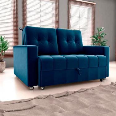 Imagem de Sofá Cama Reclinável 2 Lugares Com Almofadas 140 Lag Drika Matrix Veludo Azul