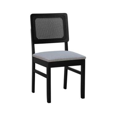 Imagem de Cadeira Lyon Madeira Maciça Encosto Telinha - Preto Assento Estofado Linho Cinza Mescla Impermeável